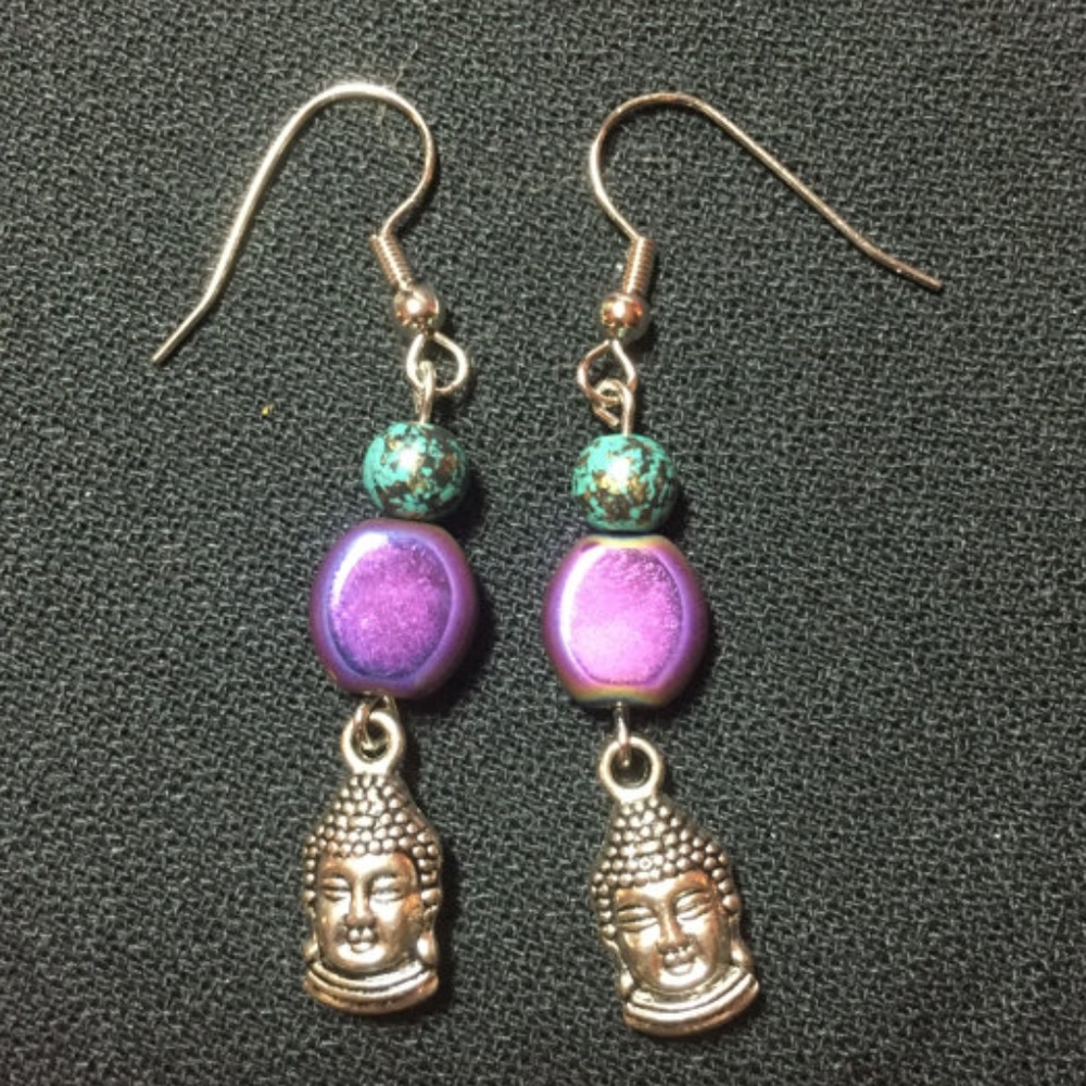 Earrings Metal Buddha Head Charms Glass Beads